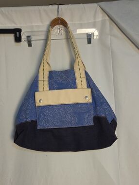 Fossil Blue Patterned Canvas Tote with Black Base and Cream Handles